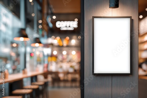 Empty White Frame Mounted On A Textured Wall In A Coffee Shop With Blurred Background Interior Ambient Lighting And Out Of Focus Cafe Elements