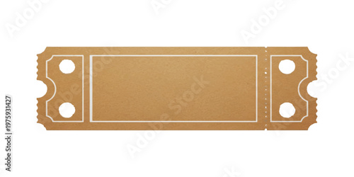 Blank brown paper ticket with white border lines and perforated edges isolated on a white background featuring circular punch holes on both sides