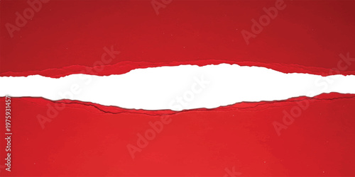 Bright red paper torn horizontally across the center revealing a solid white background behind the ripped edges with visible paper fibers and uneven texture