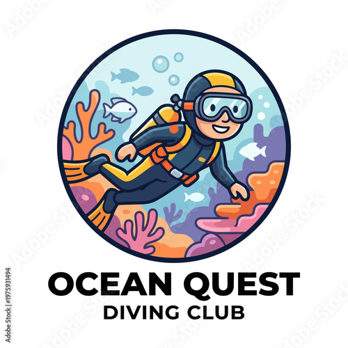 This engaging logo depicts a diver exploring underwater life, making it perfect for a diving club or aquatic adventure brand focused on marine exploration.