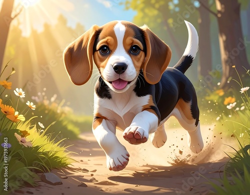 Playful beagle puppy joyfully runs down a sunlit woodland path