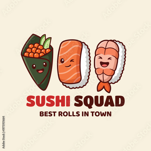 This charming image features three adorable sushi characters, each with unique expressions and toppings that reflect a fun sushi theme perfect for food branding or promotions.