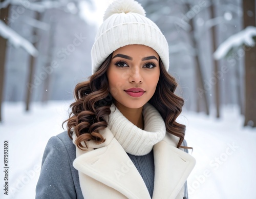Portrait of woman in winter coat and hat in snowy forest