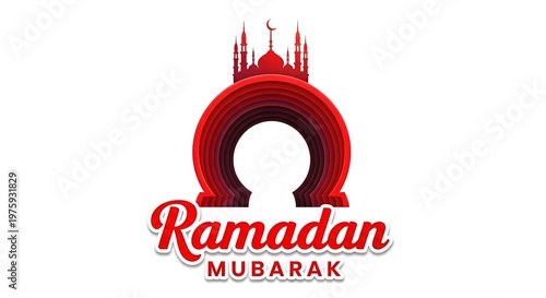 Creative ramadan mubarak logo with red circular moon shape and modern calligraphy style