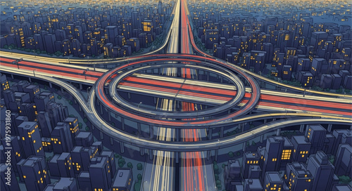 Aerial View of a Complex Highway Interchange at Night.