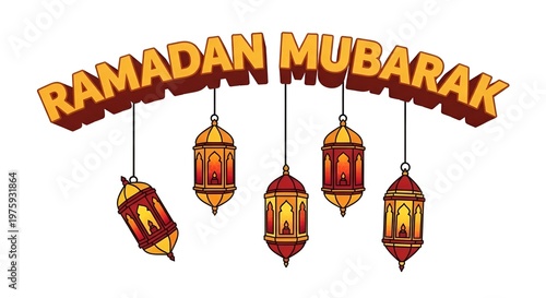 Ramadan mubarak header with decorative hanging lamps and colorful islamic calligraphy design