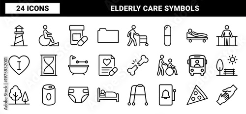 Senior care and geriatric nursing line icon set