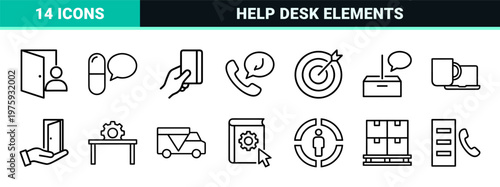 Minimalist outline customer support and help desk line icons.