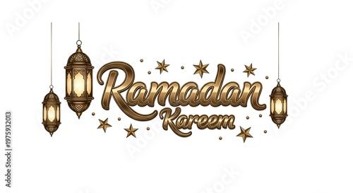 Ramadan kareem golden 3d calligraphy with decorative stars and lanterns on white background