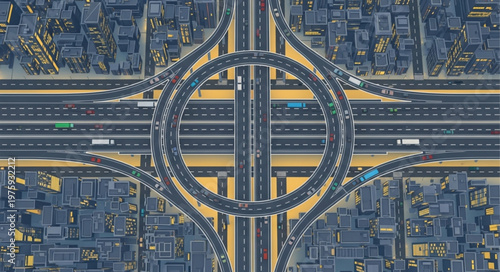 Aerial View of a Complex Highway Interchange at Night.