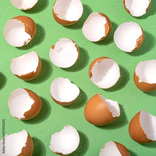 Scattered eggshells on a vibrant green surface, overhead view
