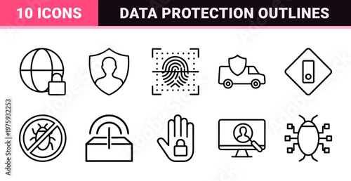 Minimalist cybersecurity and data protection outline set.