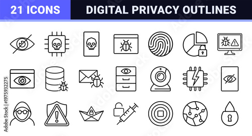 Cybersecurity and internet privacy minimalist outline graphic element set.