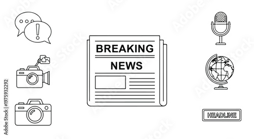 Breaking news newspaper vector set, journalism and mass media icons, minimalist line art of camera, microphone, globe and headline elements