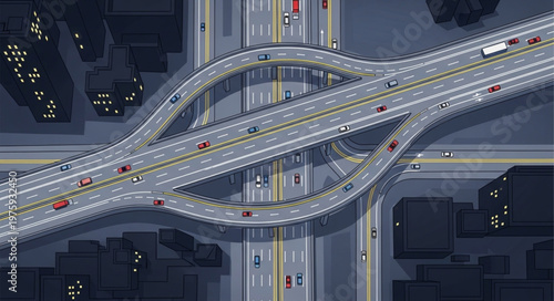 Aerial View of a Complex Highway Interchange at Night.