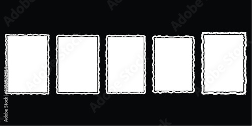 Five vertical rectangular frames with rough deckled edges arranged in a row against a solid black background