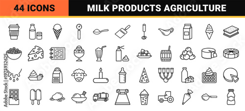 Dairy products outline icon set with milk, cheese and farm animals.