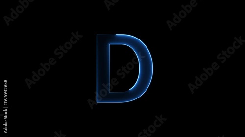 Glowing neon letter 'D' symbol, a shiny light font illustration on a black background English alphabet education type word writing letter text effect smooth footage sign symbol with black background
