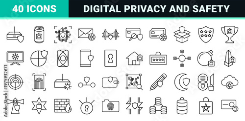 Cyber security and digital protection minimalist line icon set.