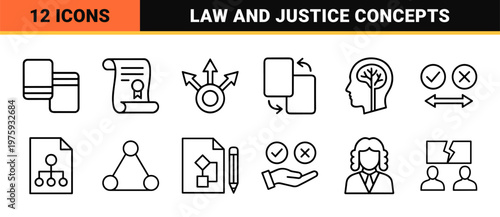 Minimalist outline legal decision making and arbitration concept set in thin line style.