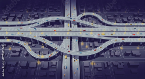 Aerial View of a Complex Highway Interchange at Night.