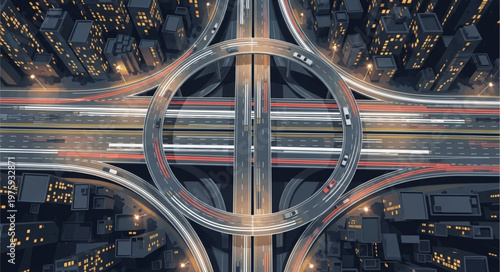 Aerial View of a Complex Highway Interchange at Night.