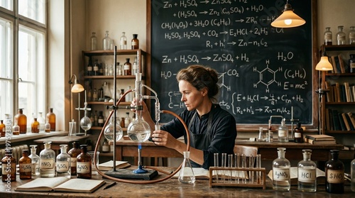 Marie Curie working in vintage chemistry laboratory