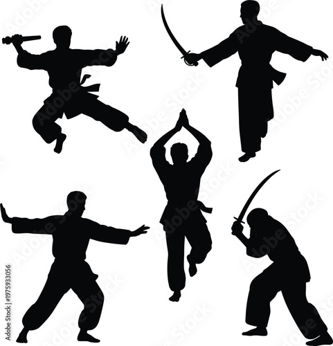 Martial Arts Silhouettes of Fighters in Action Poses with Weapons and Meditation karate kung fu