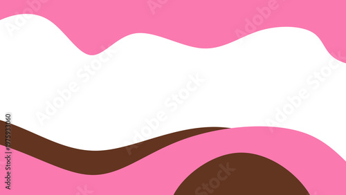 Abstract sweet dessert banner template with pink strawberry and chocolate melting border. Fluid wavy frame layout in pink and brown colors. Strawberry and chocolate drip background.