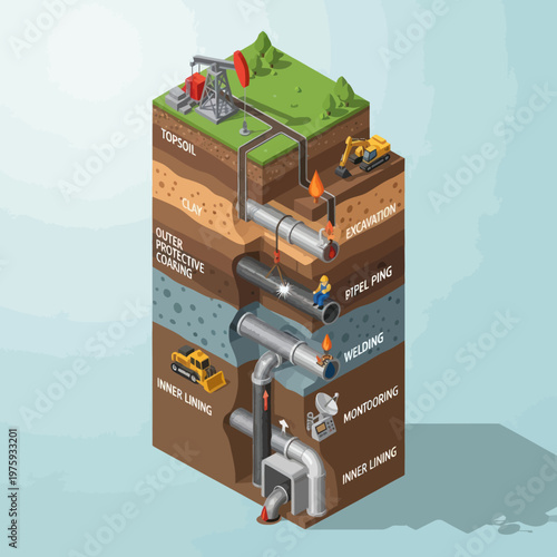 Cross section of underground utility construction showing pipes and machinery.