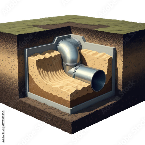 Cutaway view of a drainage system with pipes and gravel.