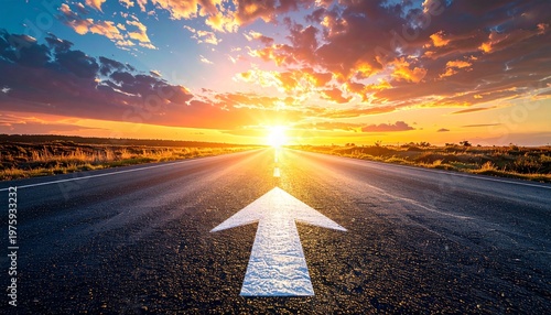 Straight Road with Arrow Leading to Horizon Showing Business Goal Setting and Achievement Concept