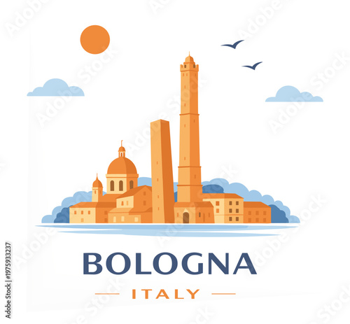 Bologna Italy Landmark Illustration with Asinelli Tower and Garisenda Editable