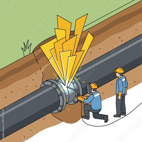 Two workers welding a large pipe joint with bright sparks flying.