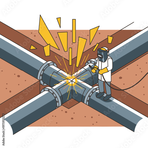 Welder working on pipeline intersection with sparks flying.