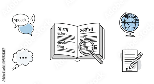 Language learning vector icons, foreign dictionary with magnifying glass, global communication speech bubbles and world globe for education