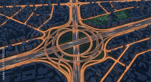 Aerial View of a Complex Highway Interchange at Night.