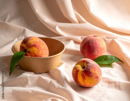 Three fresh peaches, one in a bowl, with soft light on a draped cloth