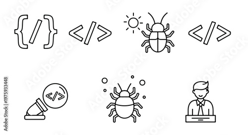 Programming and software development icons set, minimalist coding bug and script symbols, black line art vector elements for web developers