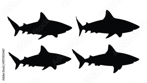 Silhouette illustrations of sharks swimming in various positions and orientations