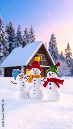 Three snowmen in knitted hats stand before snow-covered cabin and trees