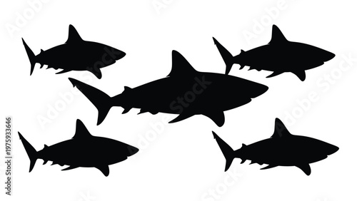 Silhouette of five sharks swimming together in a dark oceanic environment