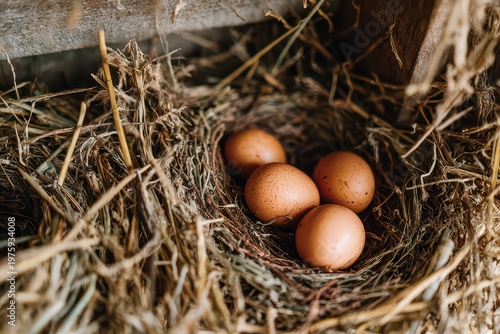 Four speckled brown eggs resting in a rustic straw nest with soft natural light illuminating the detailed texture of the straw and eggs in a close-up farm setting