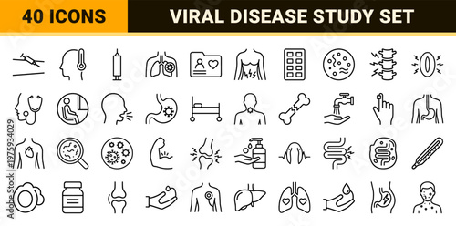 Medical symptoms and healthcare minimalist line icons for wellness and viral disease pathology