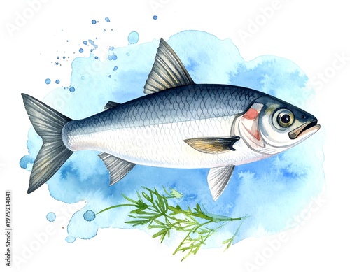 Watercolor illustration of a fish with a blue watery background and green herbs