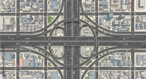 Aerial View of a Complex Highway Interchange in a City.