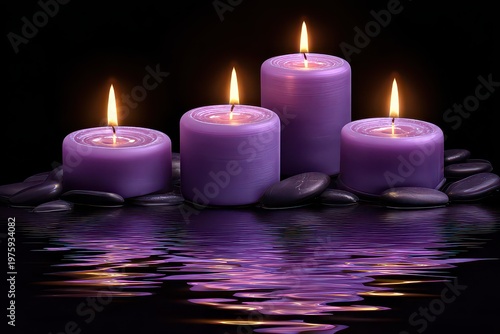 Four lit purple candles with smooth dark stones and a reflective water surface creating a serene and calming ambiance with warm light against a dark background