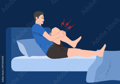 Night cramps. Man in bed woke up sudden sharp pain numb insensible legs, muscle cramp, ache injured joint, fatigue male foot, character suffering from spasms vector. Illustration of leg painful cramp