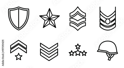Military rank icons set, black outline army insignia and chevron symbols, 8 vector elements featuring shield star and helmet for tactical design