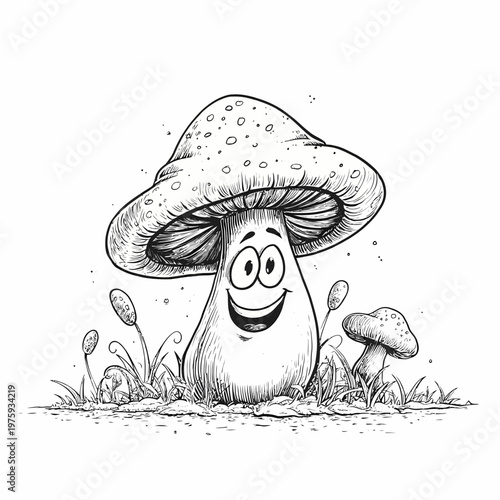 A cartoon mushroom character with a protective shield smiles in a field